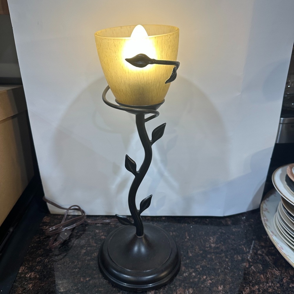 Vine Leaf Table Lamp Amber Art Glass Shade Bronze Metal Base Accent Light